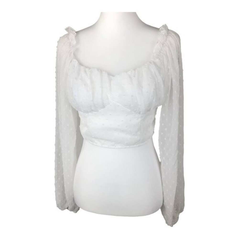 Women's Swiss Dot Square Neck Sexy Puff Long Sleeve Crop Blouse Top S